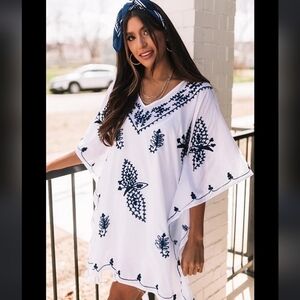 Raj Malibu dreaming embroided cover up 100% cotton white embroided black tassels